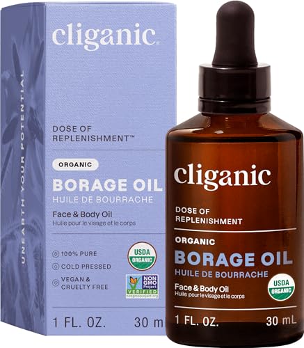 Cliganic Organic Borage Seed Oil for Face 100% Pure (1oz) - Natural Non-GMO Cold Pressed