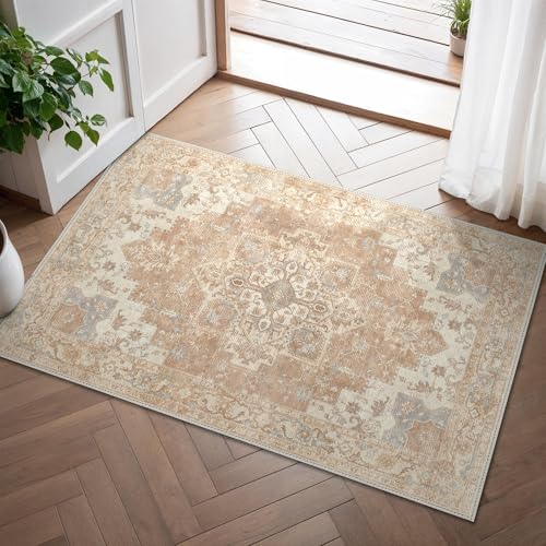 GENIMO Small Machine Washable Rugs 60x90cm, Non-Slip Doormat, Vintage Bedside Rug, Boho Area Rugs, Low Pile, Non-Shedding, Traditional Oriental Printed Design, Entrance, Entryway, Corridor