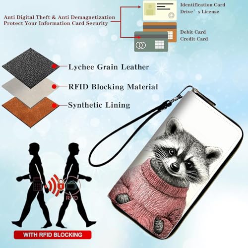 Womens Wallet, PU Leather RFID Cute Wristlet Wallets for Girls Women Ladies Purse Large Credit Card Clutch Purse Card Holder Coin Pocket Travel Wallets with Zipper, Art Cute Raccoon3
