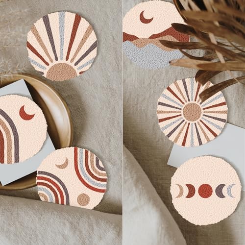 Image of Punch Needle Coasters Kit, Punch Needle Embroidery Kit for Beginners and Adults Car Coasters DIY Rug Drink Coasters with Adhesive Felt Yarns Hoop Tools DIY Needle Punch Craft (A2-Boho) (Boho-6 Sets)