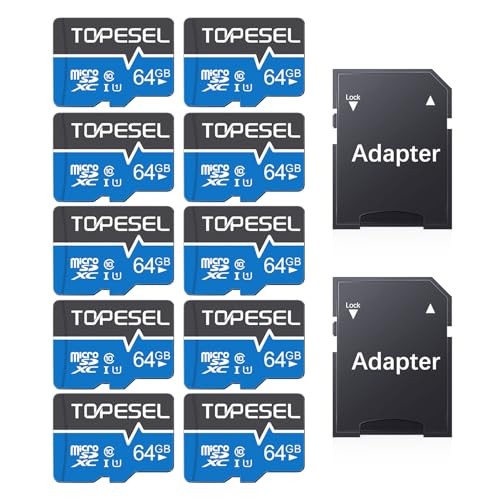 Image of TOPESEL 10 Pack 64GB Micro SD Card Class 10 Micro-SDXC Memory Card UHS-I, High Speed Flash TF Card for Security Camera /Smartphone /Drone /Dash Cam /Tablet /PC, C10, U1 (64GB 10Pack)