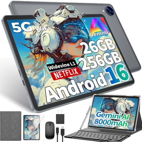 Image of Android tablet 10 inch, Android 16 Tablet with Keyboard, 26GB+256GB+2TB Expand, 2 in 1 Tablet with Gemini AI, 8-Core, 8000mAh, Widevine L1, GMS, Electronics Tablets with Case /Mouse /Stylus-Silver Case