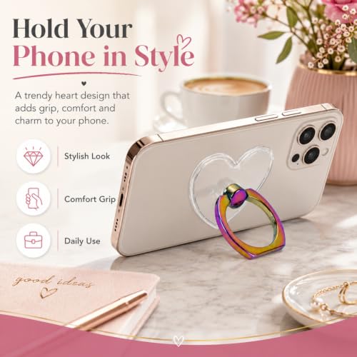 Image of KolorFish Transparent Mobile Phone Ring Stand Holder | Phone Ring Holder Finger Grip 360 Degree Rotation (Rainbow Heart)