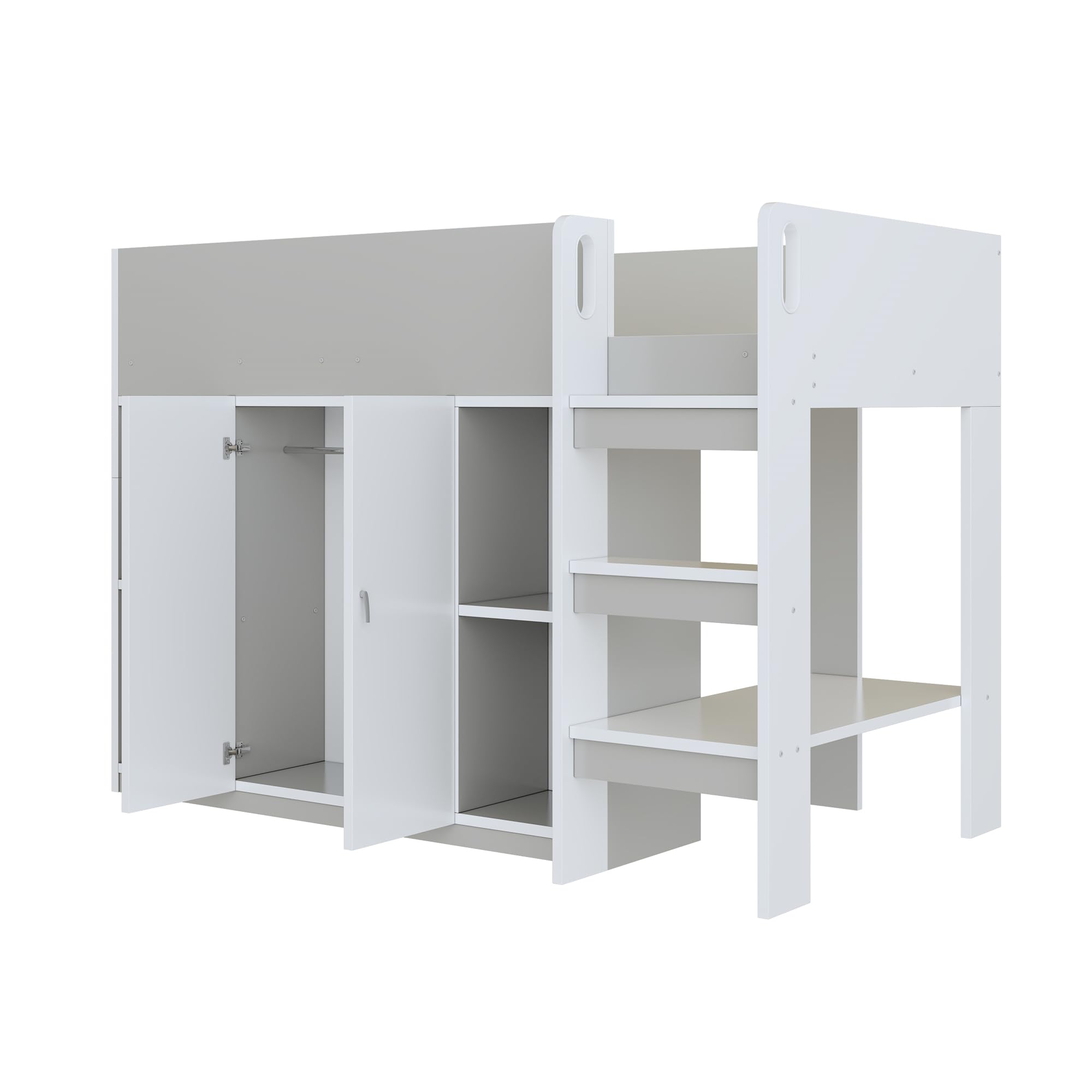 Azkoeesy Letto a Soppalco Singolo con Armadio, 90x200 cm, Spazio di Archiviazione, Scale, Ringhiera e Doghe, per Adolescenti e Adulti, in Truciolame, Grigio