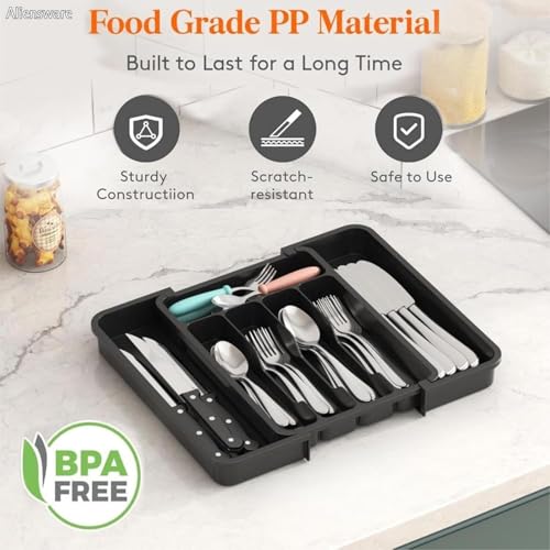 Image of Aliensware Expandable Slider Kitchen Drawer Organizer, BPA Free Utensil, Adjustable Flatware & Cutlery Holder /Divider Tray for Spoons Forks, Knives Tableware Storage-13-22.4 X15X2 inch(8-Slots /Black)