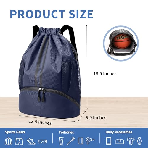 Image of JELUTAR Drawstring Backpack Gym Bag with Shoes Pocket, Navy Blue