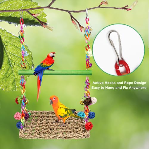 Image of Bird Swing Mat with Wood Perch, AHIER Seagrass Bird Hammock for Conures with Chewing Toy for Parakeets, Budgie, Cockatiel Cage Accessories (Green Pole)