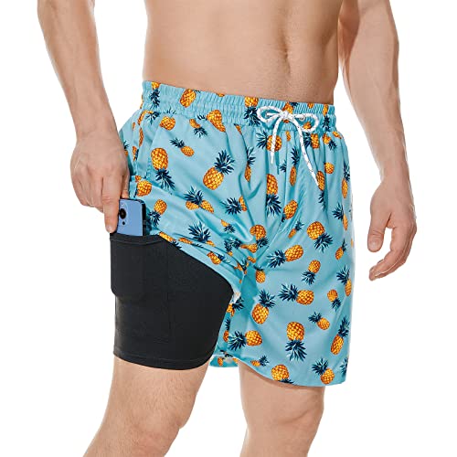 Image of American Trends Mens Swim Trunks Compression Lined Swim Shorts for Outdoor Bathing Suit Shorts, Pineapple Light Blue, Medium