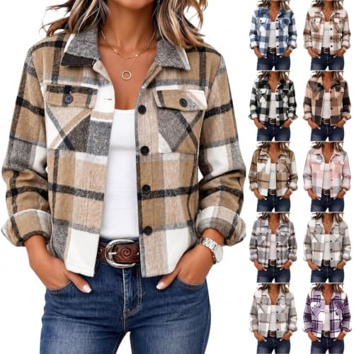 SdGgsgv Plaid Crop Jacket Women Button Up Loose Fit Fall Light Jackets - image 1