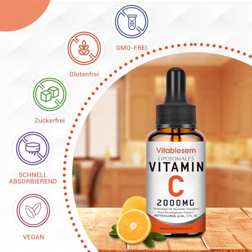 Liposomales Vitamin C Flüssig 2000 mg, 2 Flaschen, Hochdosiert Ascorbinsäure, Maximale Absorption Vit C Tropfen, Vegan