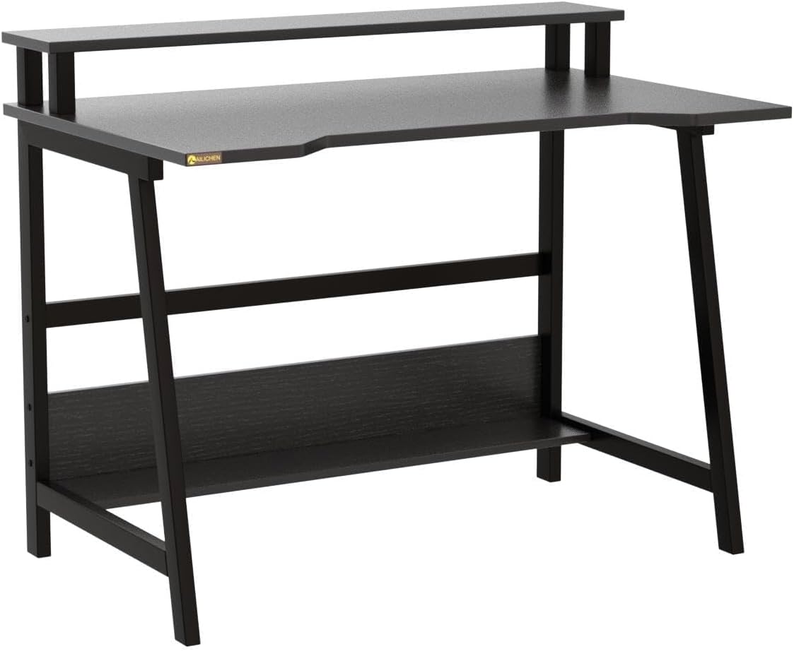 31.5 Inch Small Desk, Small Computer Desk for Small Spaces, Modern Writing Table with Monitor Storage Shelf, Compact Laptop Desk for Home Office and Study, Black