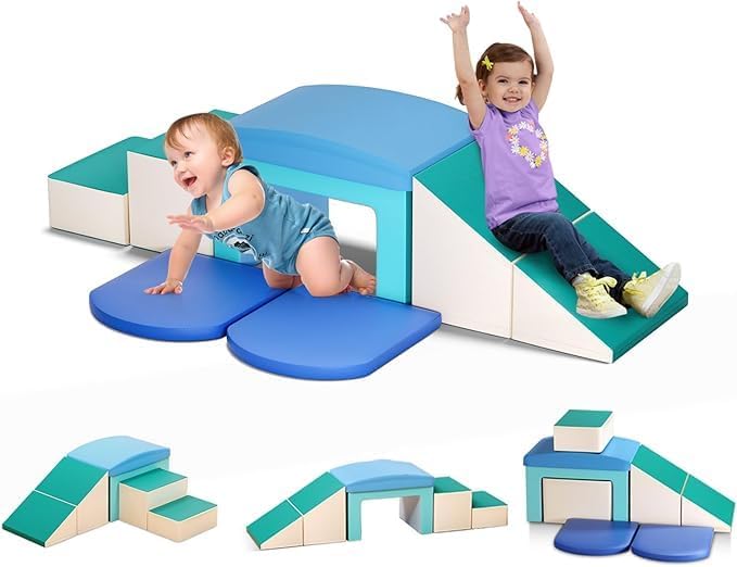6P-Soft Climbing Blocks, Baby Soft Play Climbing Blocks, High-density Pearl Cotton, PU Cover Scratch-Resistant Clean Easily, Hidden Zipper, Kids Soft Play Set (6p-light blue)
