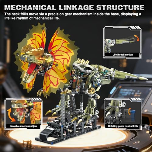 OrbBlaster Mechanical Dilophosaurus Building Set, Technic Dinosaur Model with Manual Linkage & LED Eyes, Steampunk Robot Collectible, Creative STEM Display Gift for Adults, 1277 Pcs by OrbBlaster - Image 4
