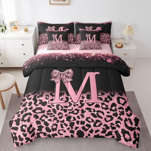 Image of Feelyou Bow Initial Letter M Full Comforter Set with Sheets for Kids Boys Girls Glitter Leopard Print 7 Pieces Bedding Set Girly Bow Bed in a Bag Room Decor Soft Lightweight Microfiber
