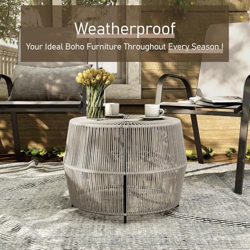 Furniture of America Ysar Boho Rattan Round Coffee Table Outdoor with Metal Frame, All-Weather and Rust Resistant, Handcrafted Coastal Furniture for Patio, Poolside, Garden, Yard, Gray - Image 4