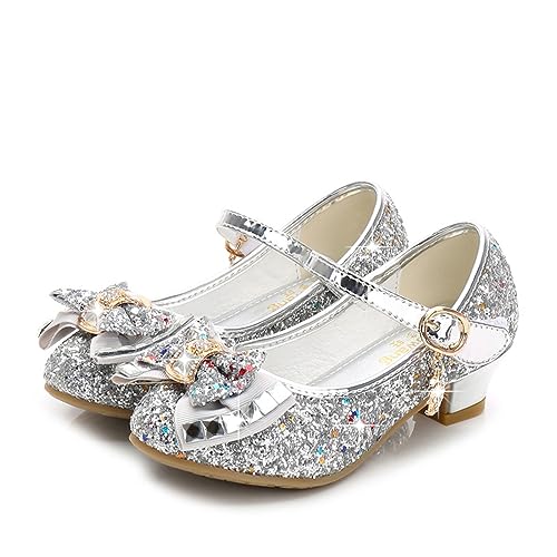 Yoawdats Girls Toddler Dress Shoes Sparkly Ruby Bowkno Flowert Wedding Party Bridesmaids Low Heel Princess Shoes for Kids (Silver, 18.2 cm)
