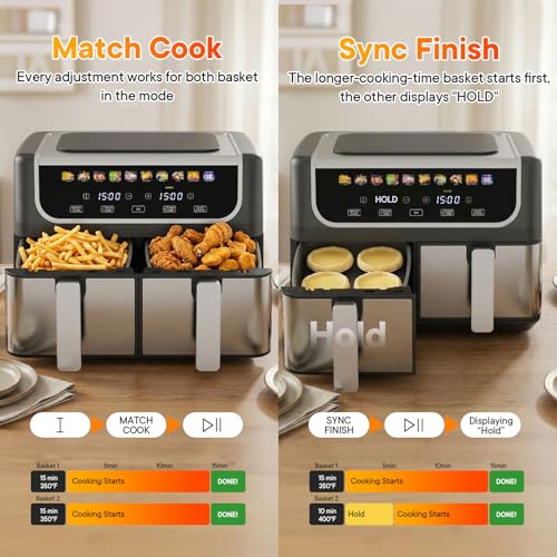 Image of NEWBULIG Dual Air Fryer with 2 Baskets 9.5 QT, 10 in 1 Large Air Fryers | Ceramic Crisper Plate, Match Cook, Sync Finish, Shake Reminder, 80-450F Wide Temp, Roast, Defrost, Dehydrate, Bake, Black