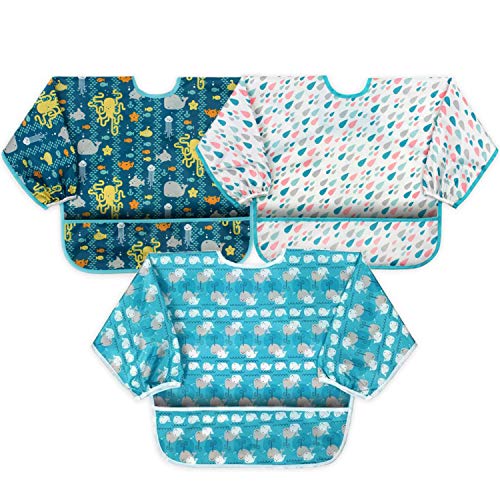 Confezione da 3 bavaglini impermeabili unisex con maniche, bavaglini anti-vestiario, bavaglini per pittura, grembiuli per neonati, da 24 mesi a 5 anni