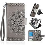 CASEOWL Mandala Embossed Upgrade Version Wallet Case for iPhone 8-Plus&7-Plus,Magnetic Detachable TPU Case,RFID Protection,2-Way Stands,Fit Car Mount,Card Slots Holder,Wrist Strap[Gray][2th Gen]