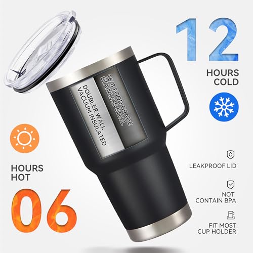 Image of 30 oz Stainless Steel Tumbler with Handle and Lid, 1 Pack | Powder Coated, Double Wall Vacuum Insulated, Leak Proof Lid, Keep Drinks Cold and Hot, for office, party, camping, Black