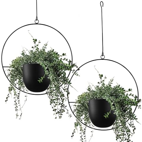 ABETREE 2 Pcs Hanging Planters for Indoor and Outdoor Plants with Hooks and Chains Metal Modern Wall and Ceiling Planter Minimalist Flower Pot Hold Planters Hanger for Home Decor,Black Cover
