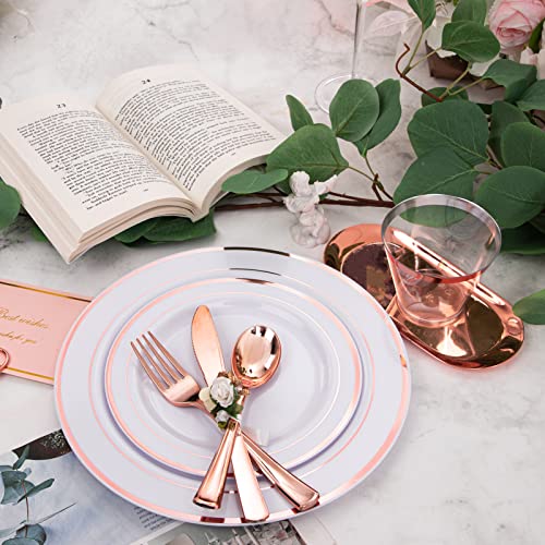 Wellife 350 Pieces Rose Gold Plastic Dinnerware, 50 Guests Disposable Plates With Rose Gold Silverware And Cups 9 Oz, 50 Pre Rolled Napkins With Rose Gold Cutlery, Perfect For Wedding #TOP1