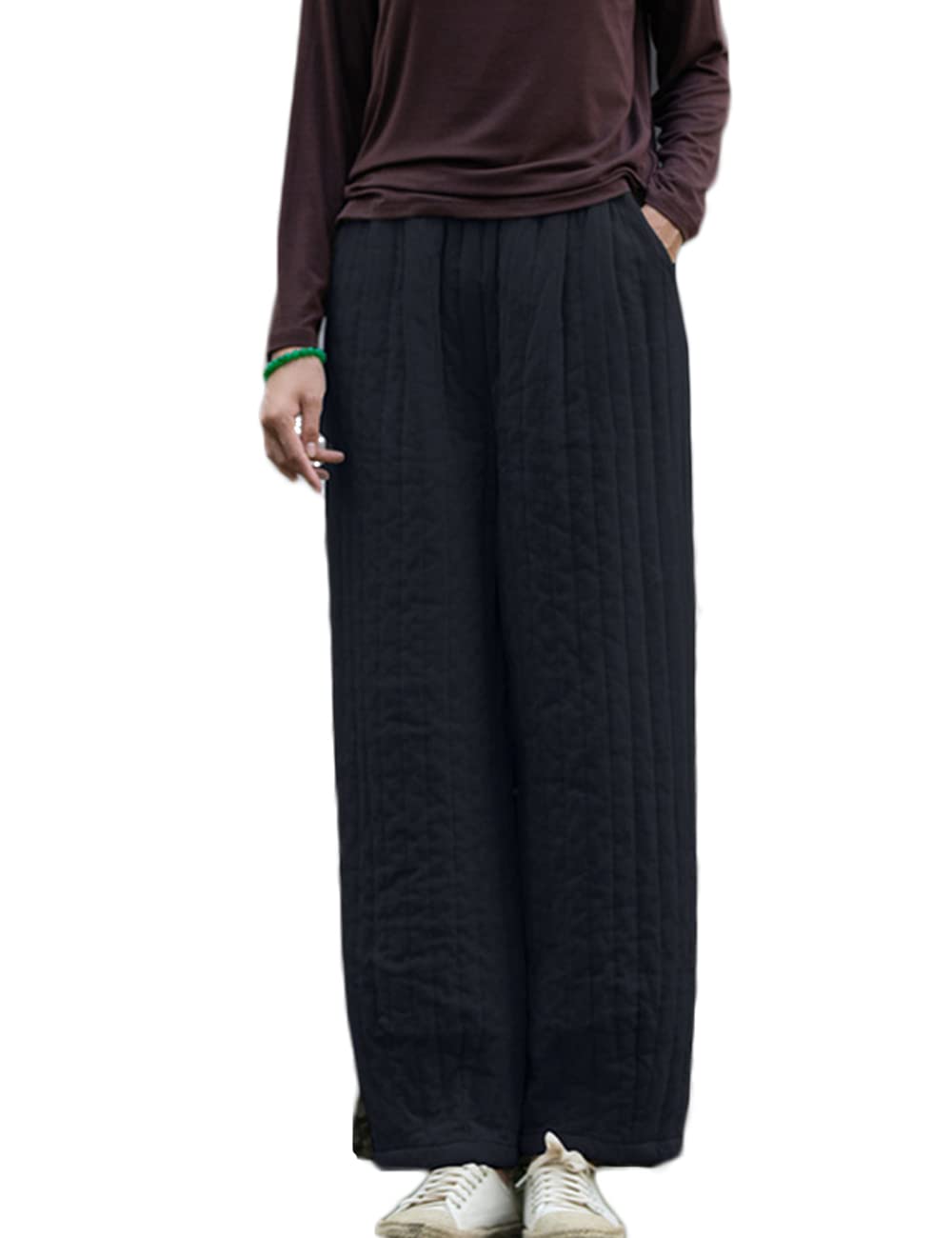 NFYM Women Winter Thick Pants Warm Quilted Cotton Linen Elastic Waist Wide Leg Capris Trousers