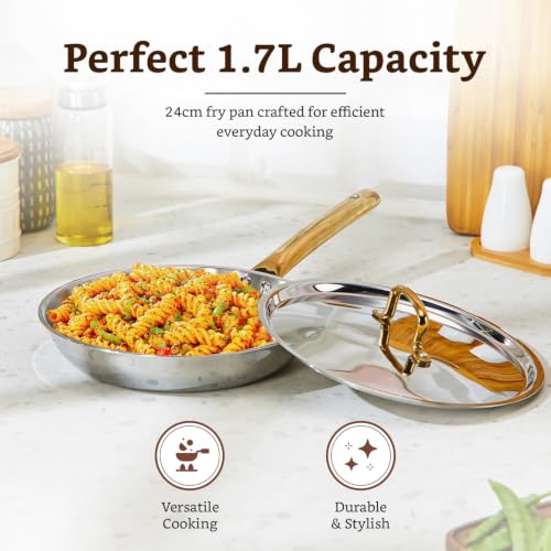 Image of Amazon Brand - Solimo Premium Triply Stainless Steel Frypan with Lid 24cm (1.7L) | Even Heating | Gas & Induction Compatible | SS 304 Food-Grade | Dishwasher Safe |Elegant Golden Handles |BIS Certified