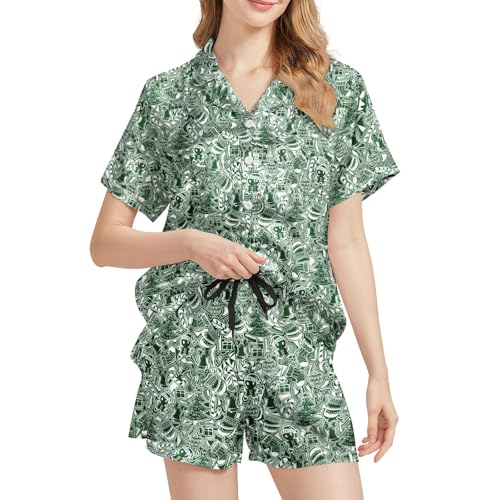 Image of Funny Pajamas for Women Set Print Satin Loungewear Pjs Short Sleeve Button Down Top and Shorts Sets Sleepwear XS-3XL