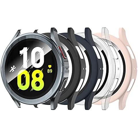 Bigqin 5 Pcs Case Compatible for Samsung Galaxy Watch 5 / Watch 4 44mm SM-R915/SM-870, Cover with Tempered Film Screen Protector, Full Protection Anti-scratched, Black,Pink,Transparent,Blue,Gray Cover