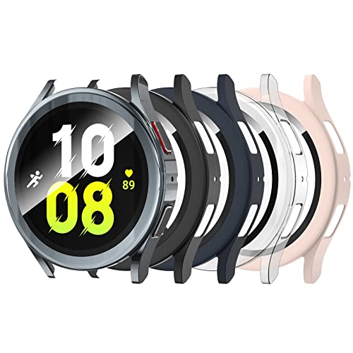 Bigqin 5 Pièces Coque Compatible avec Samsung Galaxy Watch 5 / Watch 4 40mm SM-R905/SM-860, Film Protection d'écran Trempé Coque, Protection Complète Anti-Rayures, Noir, Rose, Dégager, Bleu, Gris Cover
