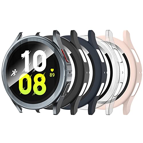 Bigqin 5Pack Hard PC Screen Protector Case Compatible with Samsung Galaxy Watch 5 / Watch 4 40mm SM-R905/SM-860 with HD Tempered Glass Film Screen Protector, Anti-scratched, Black Pink Clear Blue Gray