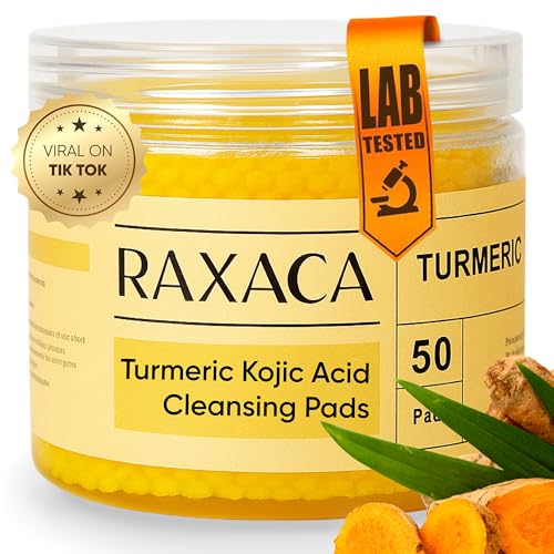 Turmeric Kojic Acid Cleansing Pads, 50 Pcs Kojic Acid And Turmeric Cleansing Pads for All Skin Types, Exfoliating Cotton Rounds, Dark Spots Remover for Face, Deep Clean Pores