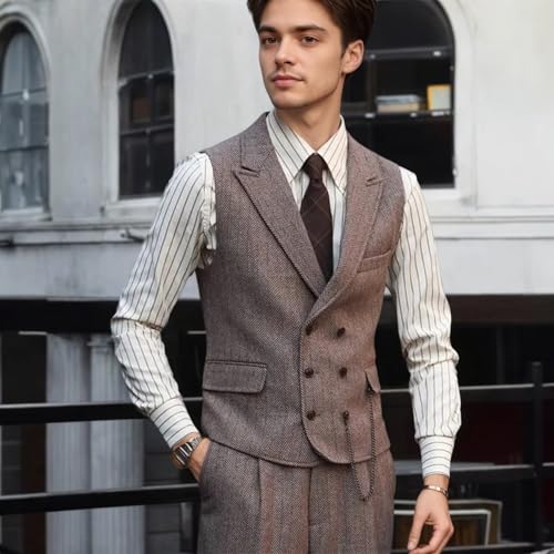 Tweed Mens Suit 3 Piece Herringbone Suits for Men Double Breasted Prom Suit Blazer Peak Lapel Vest Pants Set3