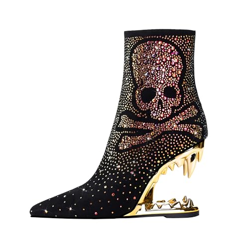 Adfukshaa Women Rhinestone Skull-shaped Sparkling Ankle Boots Tiger Teeth Heel Booties Hollow Heels Glitter Shark Tooth Boots,Gold7.5