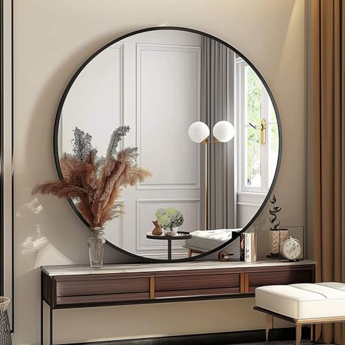 Image of Sunniry Round Mirror 30 inch, Large Round Mirror, Black Bathroom Mirrors with Matte Aluminum Frame, Circle Mirrors for Wall, Bathroom, Living Room, Hallway.