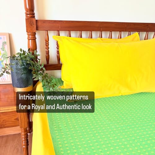 Image of RANGBHAR 100% Cotton Handloom Premium Bedsheet with 2 Pillow Covers, Hand Woven Striped Bed Covers, 200 Thread Count, Elegant Bedcover Flat Sheet, 90 X 100 inches - Green Yellow, 200 TC