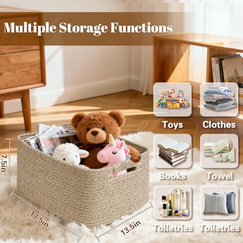 1Pack Large Storage Basket for Organizing, 17.5"x13"x7" Woven Basket for Shelves, Closet Cube Storage Bins with Wrapped Handle, Cotton Rope Baskets for Kitchen, Clothes, Toys (Natural)