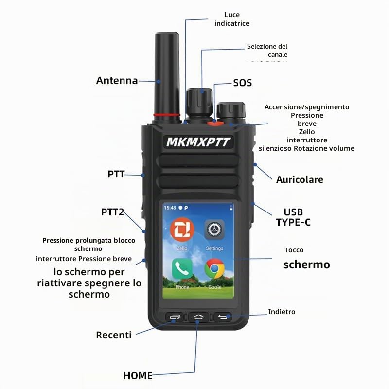 walkie-talkie globale HD, touchscreen TFT da 6,1 cm, Android 9.0, WLAN, Bluetooth, GPS, supporto 2G/3G/4G