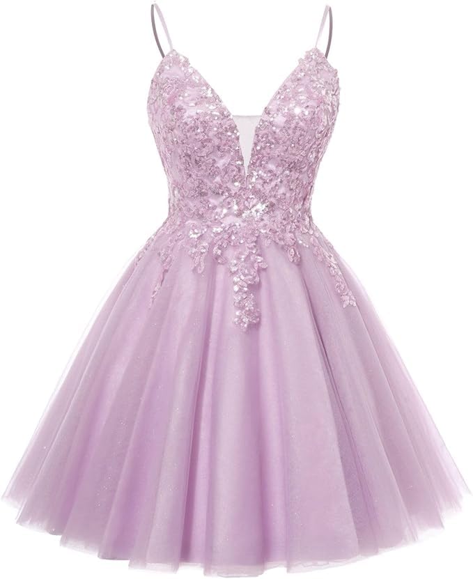Sparkly Tulle Homecoming Dresses 2025 Spaghetti Straps Sequin Short Prom Dress V Neck Cocktail Party Gown4