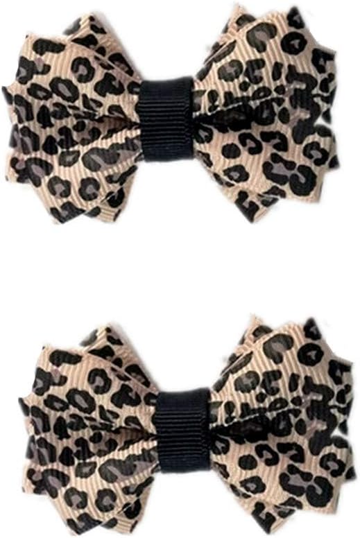 Pair Leopard Polka Dot Satin Fabric Double Bow Shoe Clips Vintage Style 2.8inch