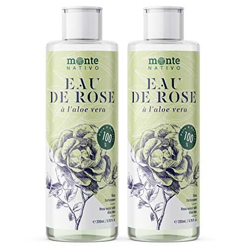 Eau de rose avec aloe vera Monte Nativo 2x200mL (400mL) | Cosmétiques naturels pour les soins du visage | Toner visage | Demaquillant | Anti boutons | Hydratant | Eau florale de rose
