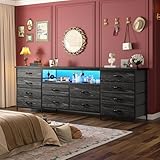 Romorgniz 63' W Dresser for Bedroom with 12 Fabric Drawers,LED TV Stand with Power Outlets for 65,70 Inch TV,Sturdy Entertainment Center Long Chest of Drawers with Extra Wood Shelf,Grain Black