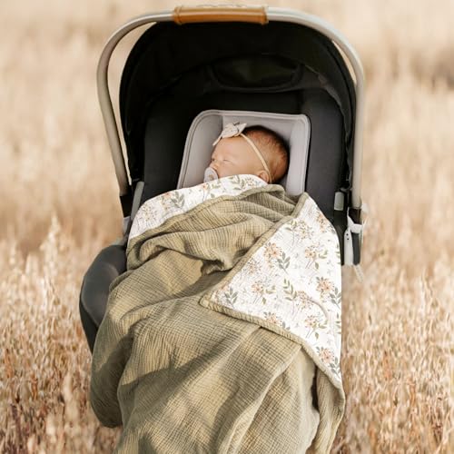 Image of lulumoon Muslin Baby Blanket for Unisex - Soft Cotton Receiving Blanket for Infant - 4 Layer Reversible Breathable Crib Bedding for Stroller and Nursery Decor 47 inchx47 inch (Olive Flower)