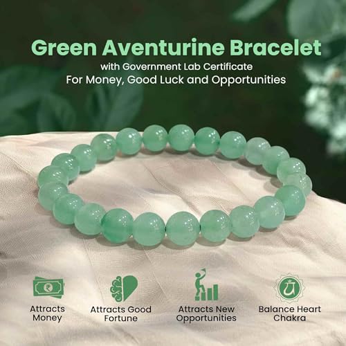 Image of SOLAVA Green Aventurine Bracelet Certified - Original Green Crystal Bracelet for Men and Women for Money, Prosperity, Abundance, Good Luck, Happiness, and Heart Chakra Healing - 8mm Beads