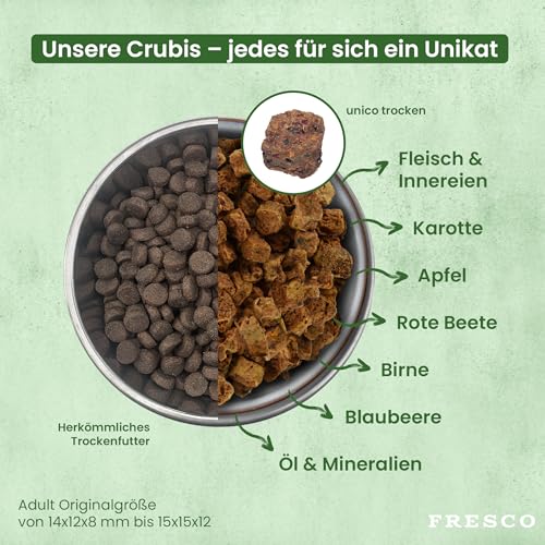 FRESCO Dog Unico Huhn 1kg | Hundefutter trocken ohne Weizen | Extra hoher Frisch-Fleischanteil 66% & Gemüse | Adult Trockenfutter für Hunde sensitiv | Mono-Protein & hohe Verträglichkeit