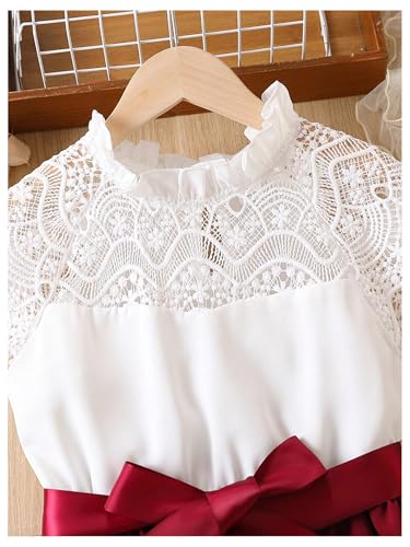 WDIRARA Girl's Contrast Lace Ruffle Mock Neck Cap Sleeve Dress High Waist A Line Belted Flared Dresses3