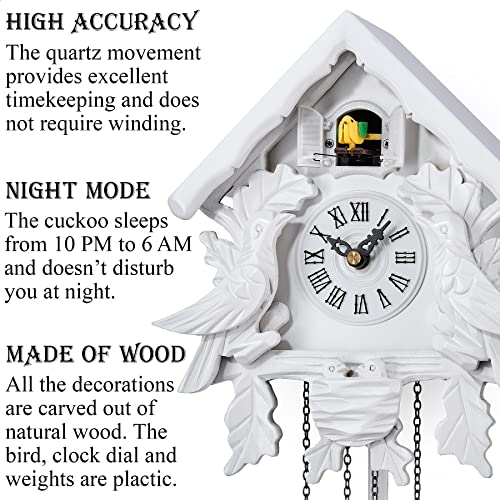 TIMEGEAR Cuckoo Clock with Night Mode, Singing Bird, Wooden Decorations and Swinging Pendulum (White) - Image 3
