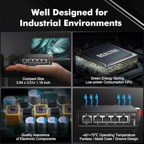 Image of MokerLink 5 Port Industrial Din Rail Gigabit Switch, 4 x 100 /1000Mbps Ports, 1 Gigabit Uplink, Mini Size, Metal DIN-Rail & Wall Mount Ethernet Switch