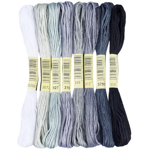 Image of 1 Box 65.6 Yards 8 Skeins 6 Strands Gray Embroidery Cotton Floss Cross Stitch Thread Assorted Friendship Bracelet Variegated Yarn Gradient String Bulk for Hand Sewing Making Crochet Weaving